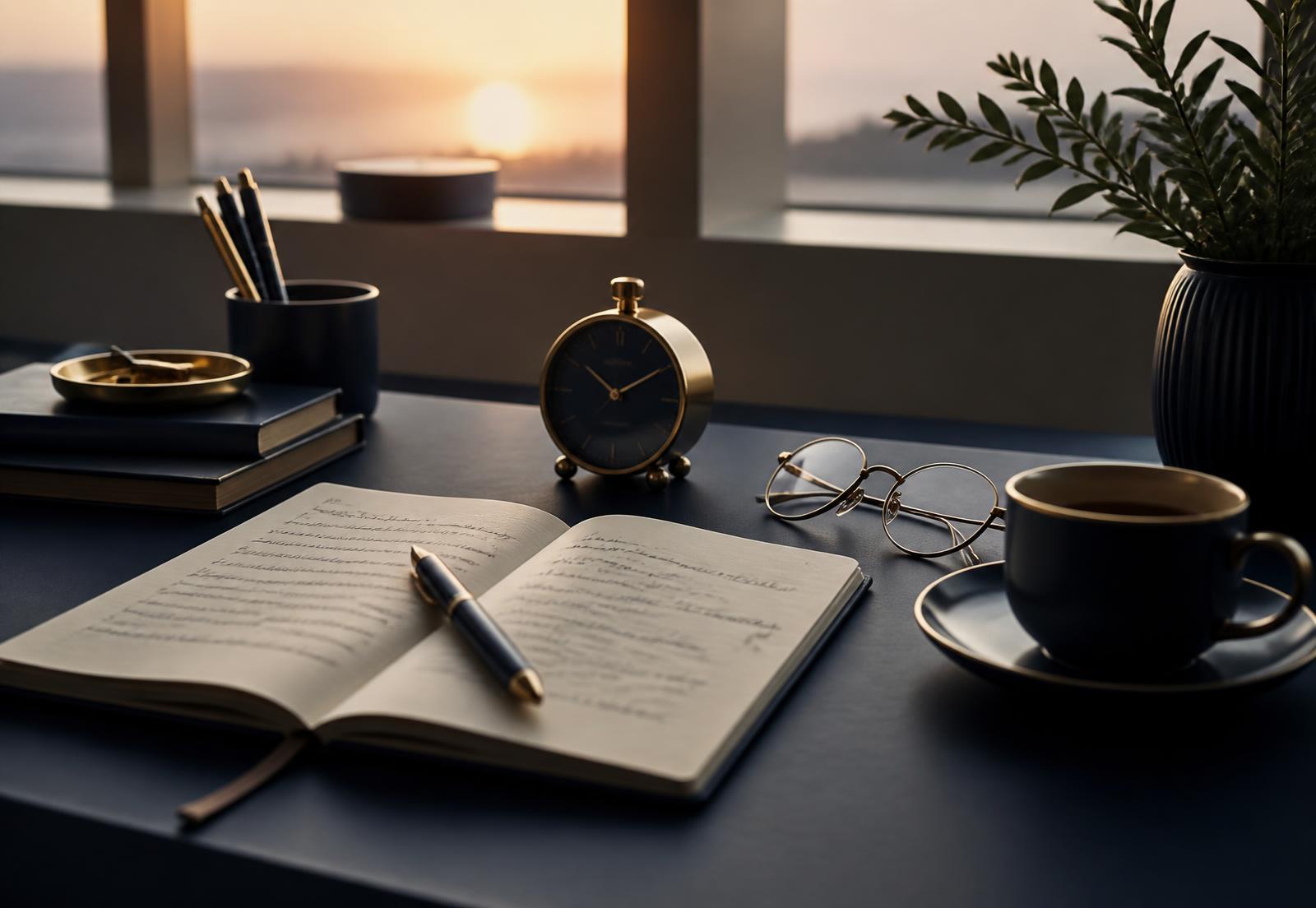 A notebook, timer and coffee on a calm study desk at dawn